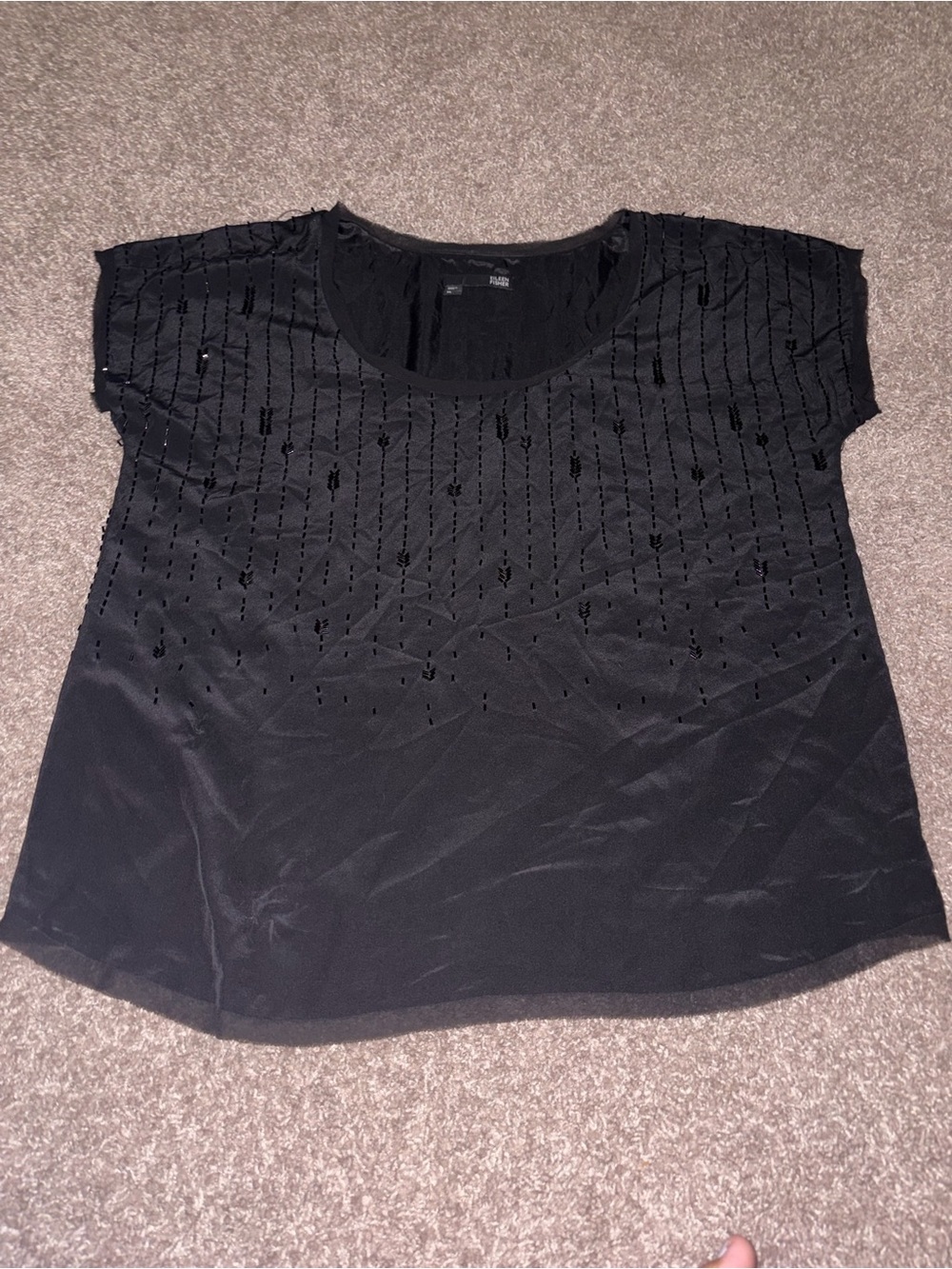 Eileeen Fisher Women's Black 100% Silk Beaded Front Short Sleeve Lined Blouse XL